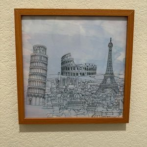 Travel Landmark Line Art Print in Light Blue with Brown Frame